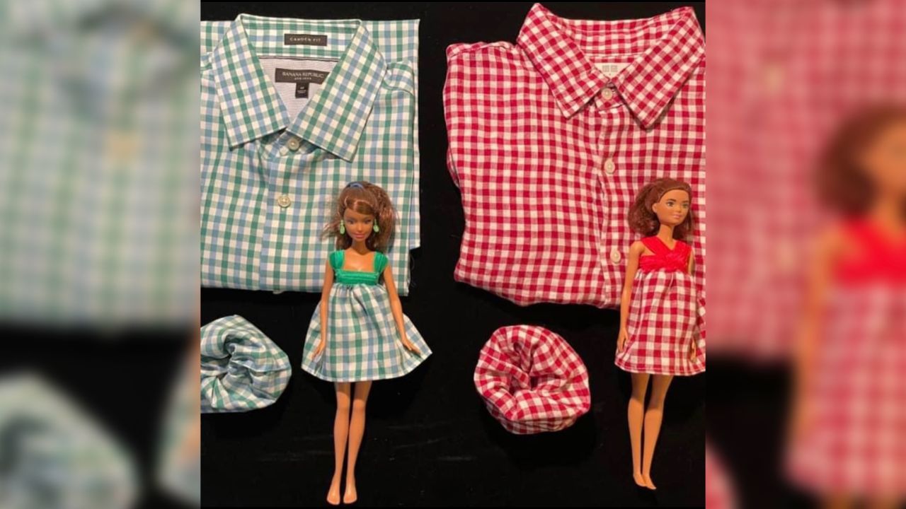 Barbie dresses and scrunchies match men's shifts after Lakin sewed them from the same fabric.