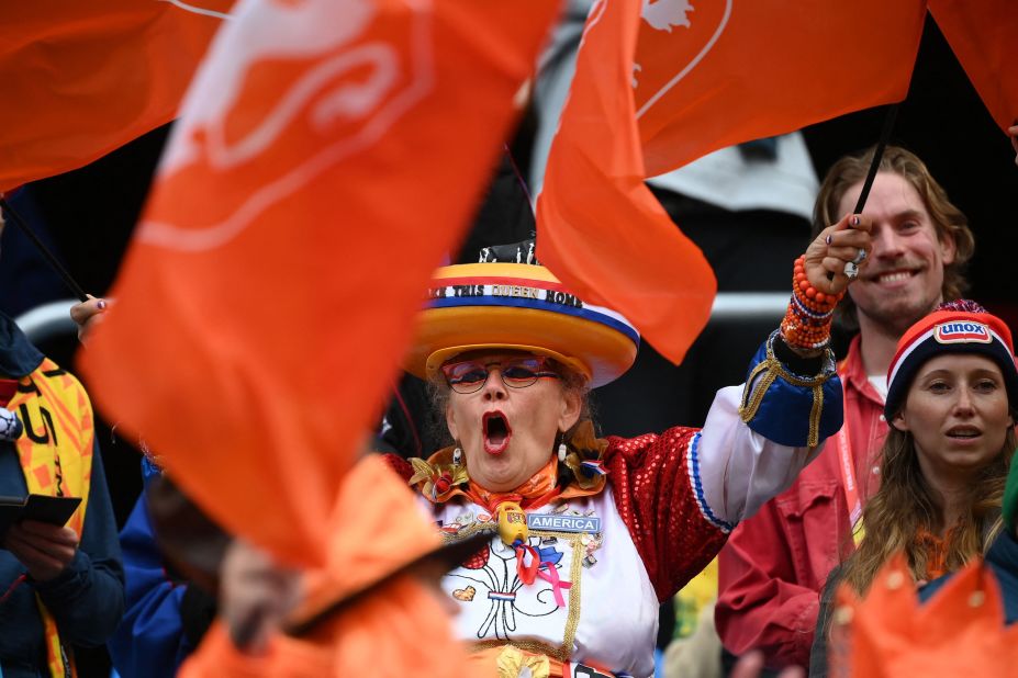 Fans of the Netherlands cheer before the start of the match against South Africa.