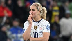 USA's midfielder #10 Lindsey Horan reacts at the end of the Australia and New Zealand 2023 Women's World Cup round of 16 football match between Sweden and USA at Melbourne Rectangular Stadium in Melbourne on August 6, 2023. (Photo by WILLIAM WEST / AFP) (Photo by WILLIAM WEST/AFP via Getty Images)