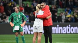 USA's coach Vlatko Andonovski (R) comforts USA's midfielder #10 Lindsey Horan (L) at the end of the Australia and New Zealand 2023 Women's World Cup round of 16 football match between Sweden and USA at Melbourne Rectangular Stadium in Melbourne on August 6, 2023. (Photo by WILLIAM WEST / AFP) (Photo by WILLIAM WEST/AFP via Getty Images)