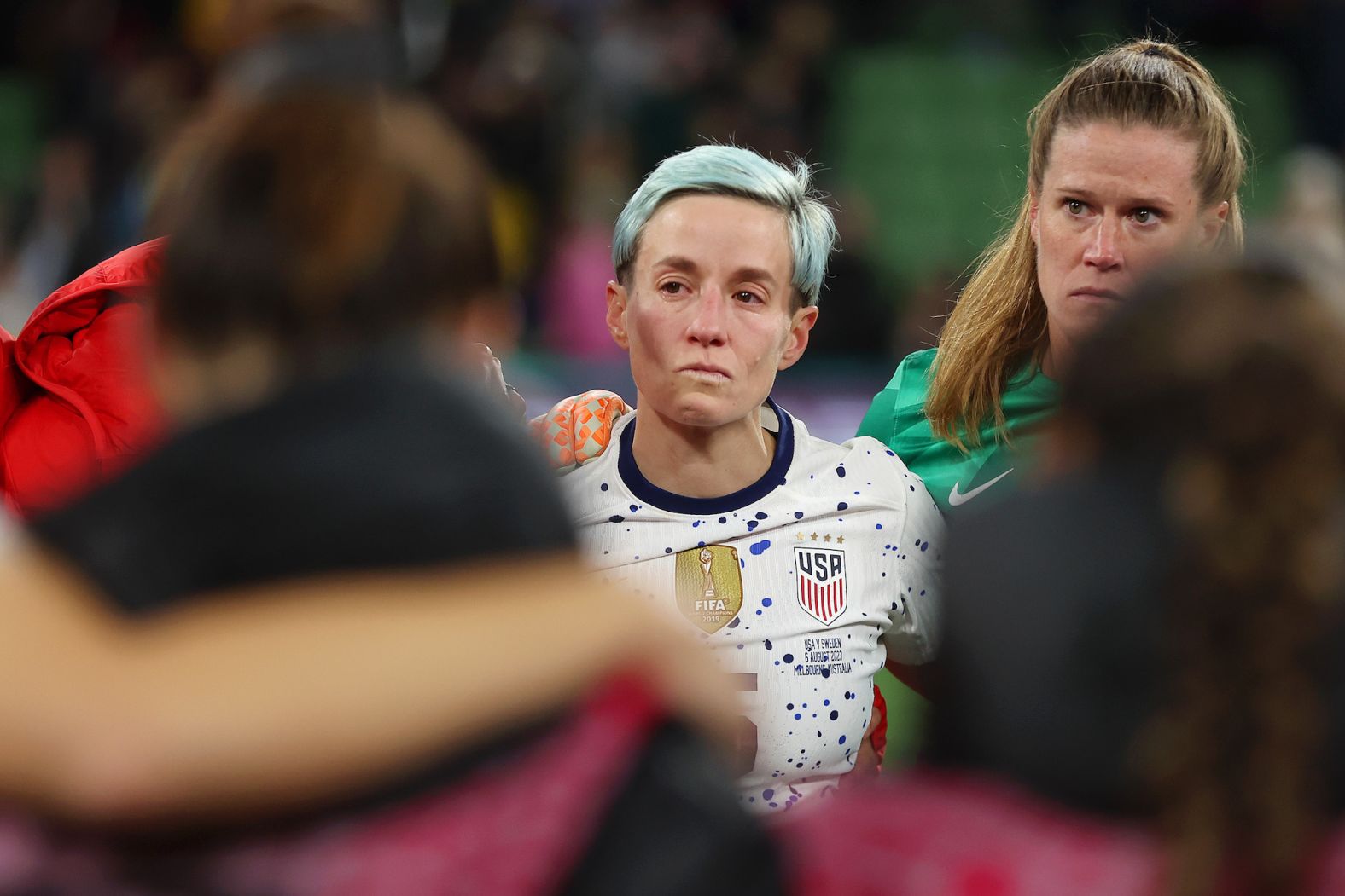 Rapinoe reacts to her team being <a href="index.php?page=&url=https%3A%2F%2Fwww.cnn.com%2F2023%2F08%2F05%2Ffootball%2Fusa-sweden-womens-world-cup-2023-spt-intl%2Findex.html" target="_blank">knocked out of the Women's World Cup</a> after a shootout loss to Sweden in August 2023.