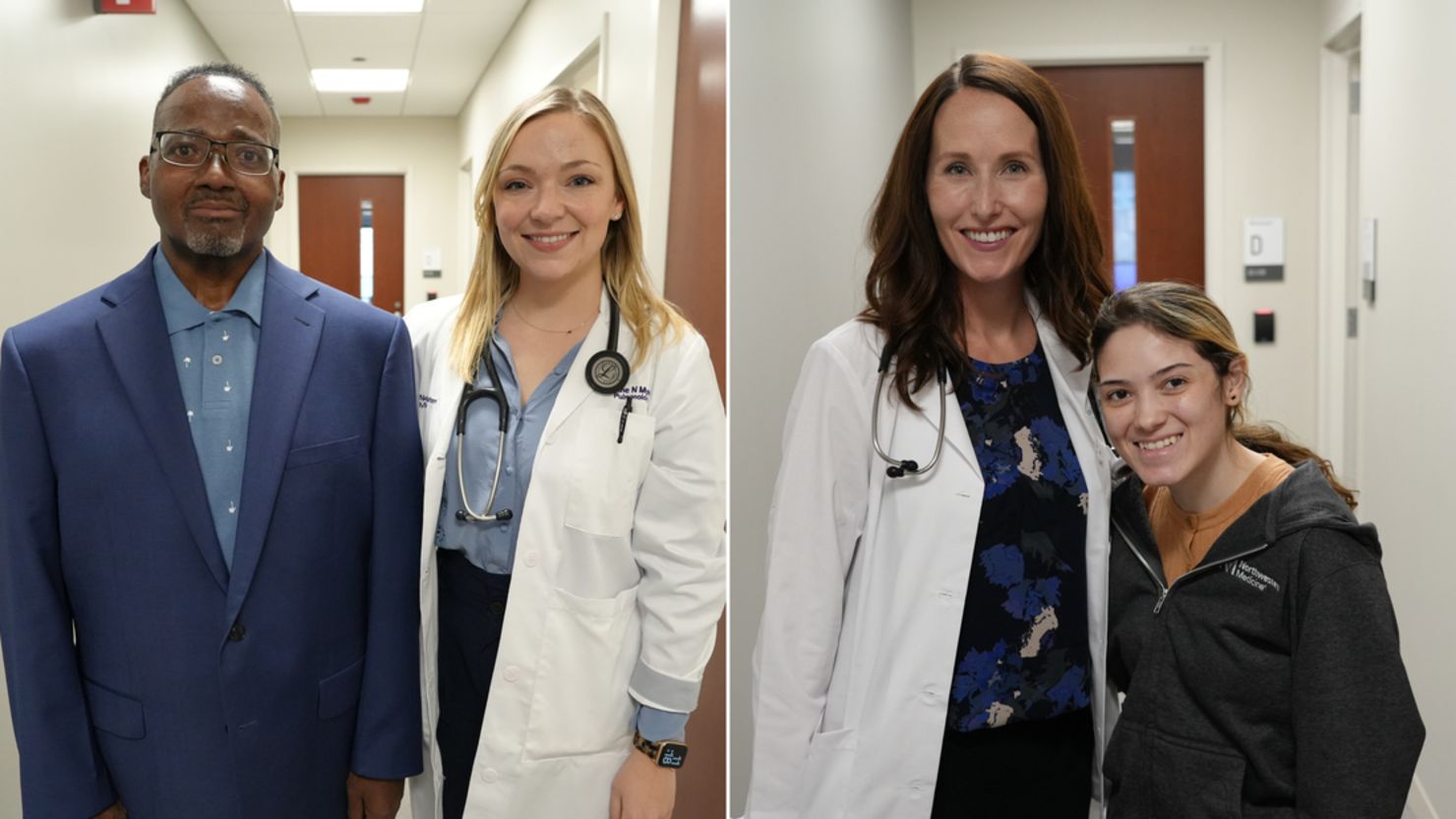 (From left) Lung transplant patient Dennis Deer is shown with pulmonologist Dr. Catherine Myers of Northwestern Medicine. Nurse practitioner Jennifer Wright is shown with lung transplant patient Yahaira Vega.