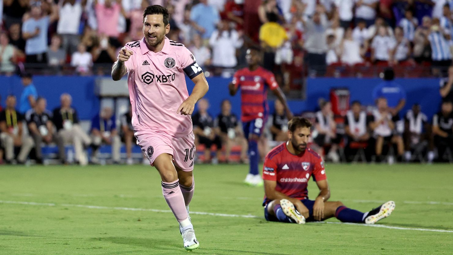 Aug 6, 2023; Frisco, TX, USA;  Inter Miami CF forward Lionel Messi (10) reacts after scoring during the first half against FC Dallas at Toyota Stadium. Mandatory Credit: Kevin Jairaj-USA TODAY Sports