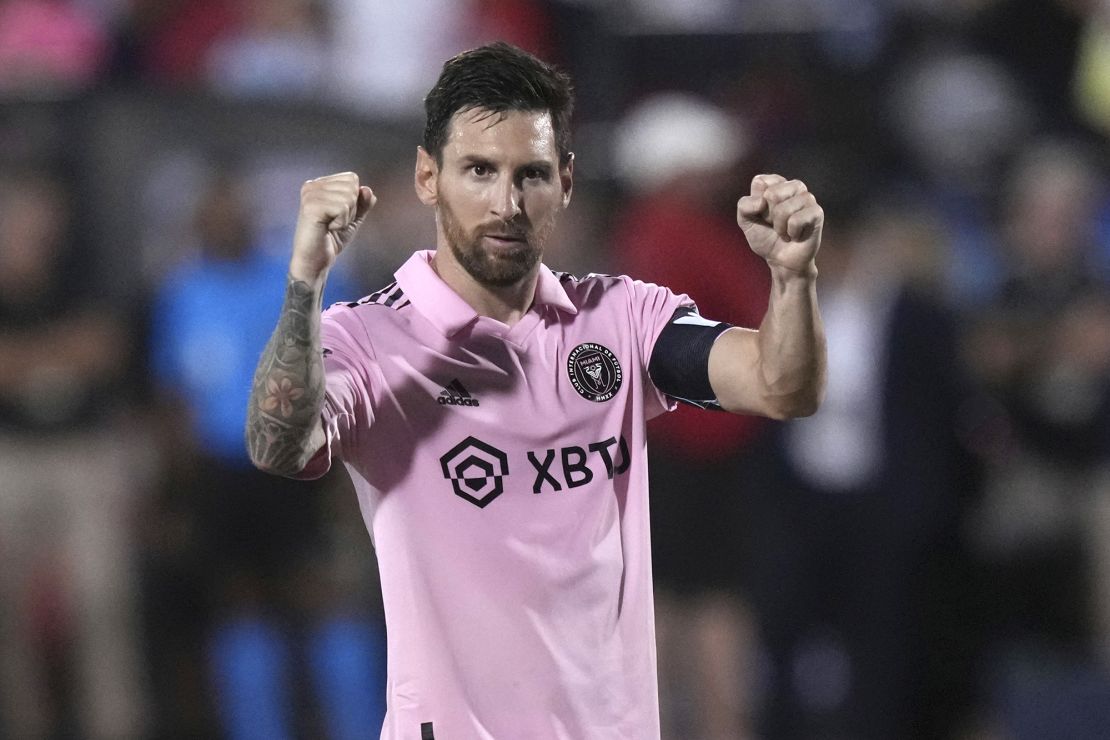 Inter Miami forward Lionel Messi celebrates a score during penalty kicks in the team's Leagues Cup soccer match against FC Dallas on Sunday, Aug. 6, 2023, in Frisco, Texas. (AP Photo/LM Otero)