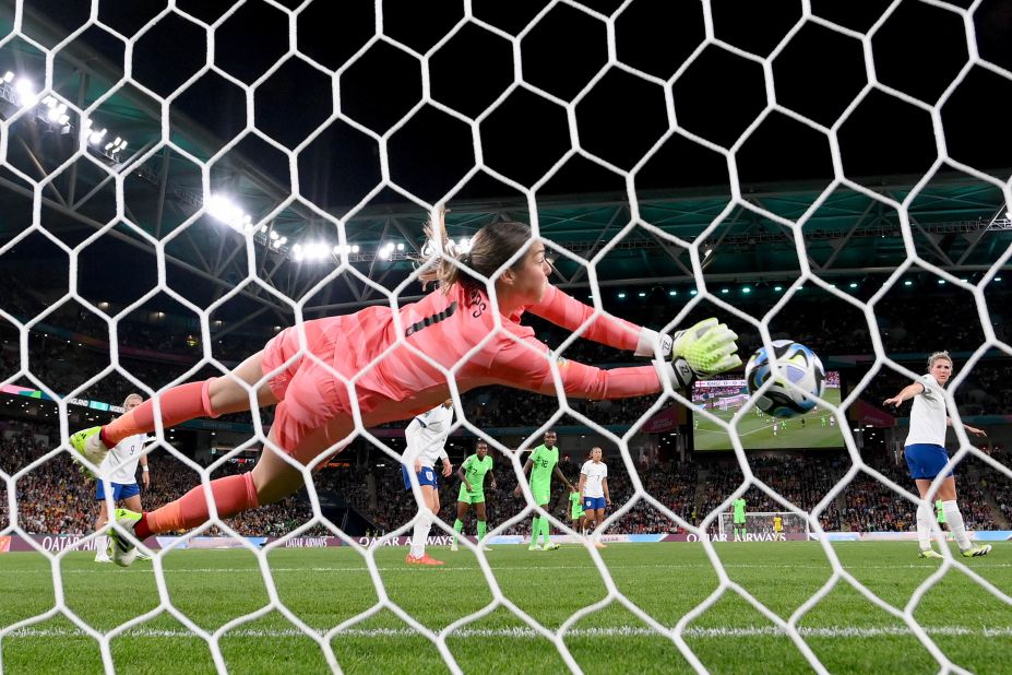 England's Mary Earps makes a save.