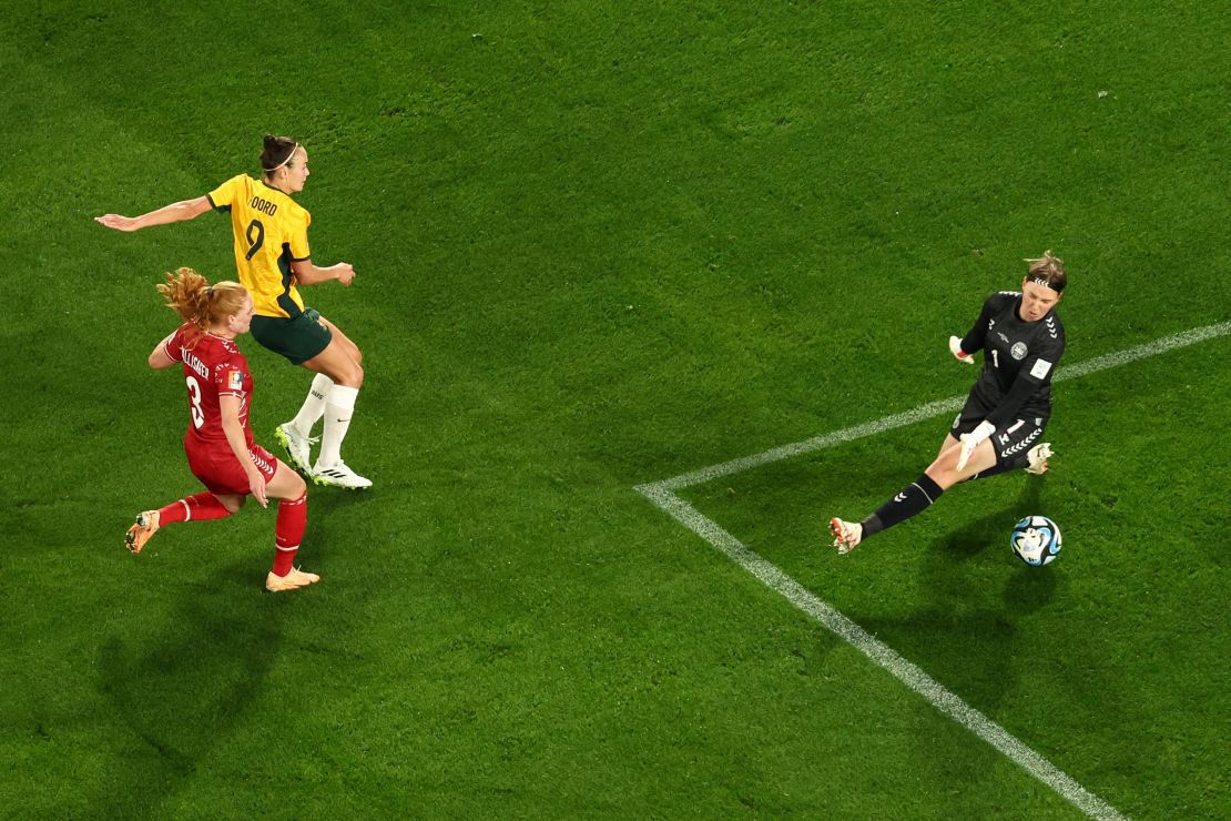 Foord scores Australia's opening goal against Denmark.