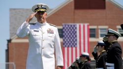 In this May 2021 photo, Adm. Karl Schultz arrives at the commencement for the United States Coast Guard Academy in New London, Connecticut. 