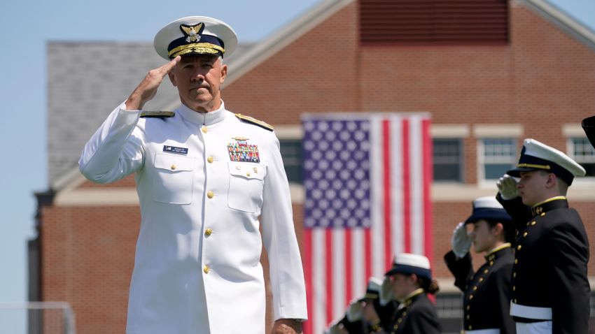 In this May 2021 photo, Adm. Karl Schultz arrives at the commencement for the United States Coast Guard Academy in New London, Connecticut.