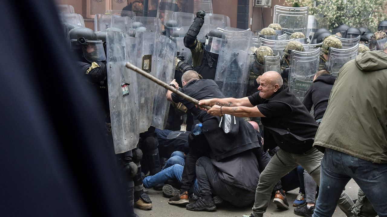 NATO peacekeepers clash with local Kosovo Serb protesters in Zvecan, May 29, 2023.