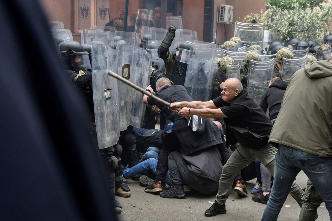 NATO peacekeepers clash with local Kosovo Serb protesters in Zvecan, May 29, 2023.