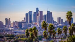 A view of downtown Los Angeles California with palm trees in the foreground