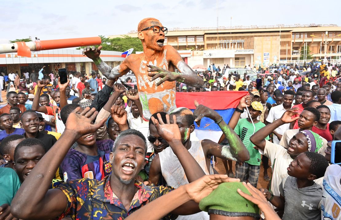 Supporters of  the junta demonstrate in Niamey, the Nigerin capital, on Sunday.