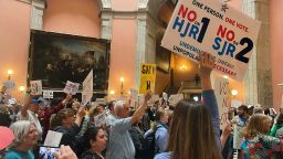 FILE - Supporters and opponents of a GOP-backed measure that would make it harder to amend the Ohio constitution packed the statehouse rotunda Wednesday, May 10, 2023, in Columbus, Ohio ahead of the Ohio House's vote. Ohio has joined a growing number of Republican-led states moving to restrict citizens' ability to bypass lawmakers through ballot initiatives. A resolution passed last week will ask Ohio voters in August to boost the threshold for passing constitutional amendments to 60% instead of a simple majority. (AP Photo/Samantha Hendrickson, File)