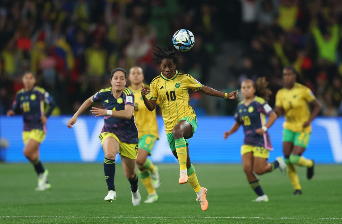 MELBOURNE, AUSTRALIA - AUGUST 08: Jody Brown of Jamaica controls the ball against Diana Ospina Garcia of Colombia during the FIFA Women's World Cup Australia & New Zealand 2023 Round of 16 match between Colombia and Jamaica at Melbourne Rectangular Stadium on August 08, 2023 in Melbourne, Australia. (Photo by Robert Cianflone/Getty Images)