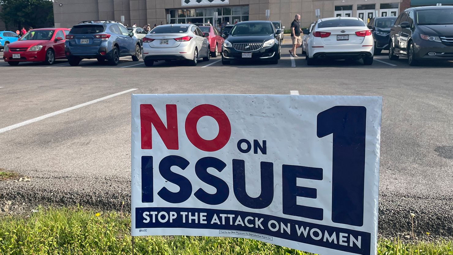 A sign urging voters to vote "no" on Issue 1 stands on the outskirts of a parking lot in front of the Franklin County Board of Elections in Columbus on Thursday, Aug. 3, 2023. 