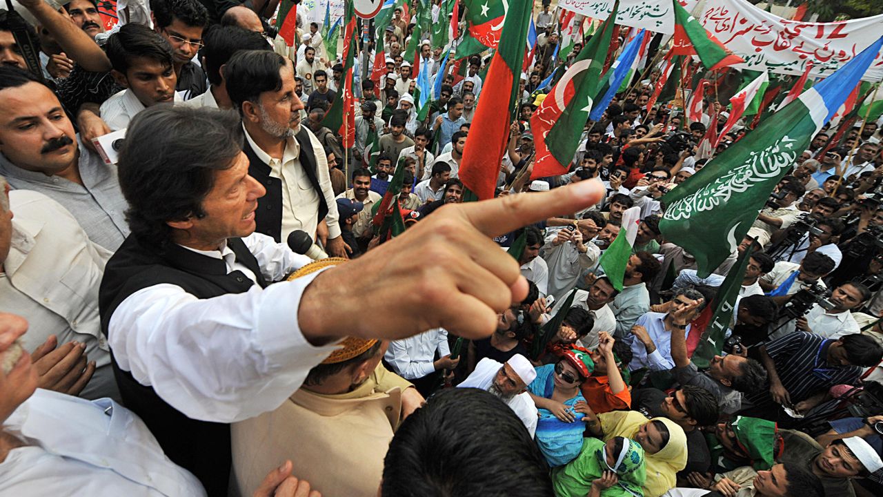 Imran Khan addresses an anti-President Pervez Musharraf protest rally in Lahore on May 12, 2008. 