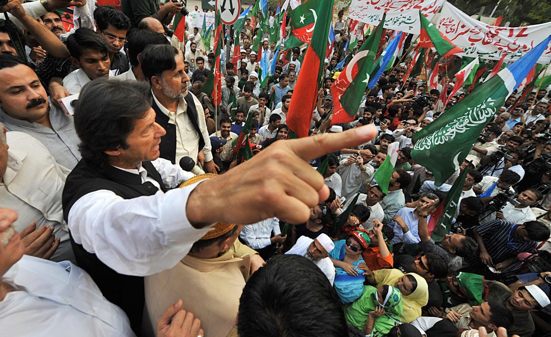 Imran Khan addresses an anti-President Pervez Musharraf protest rally in Lahore on May 12, 2008. 