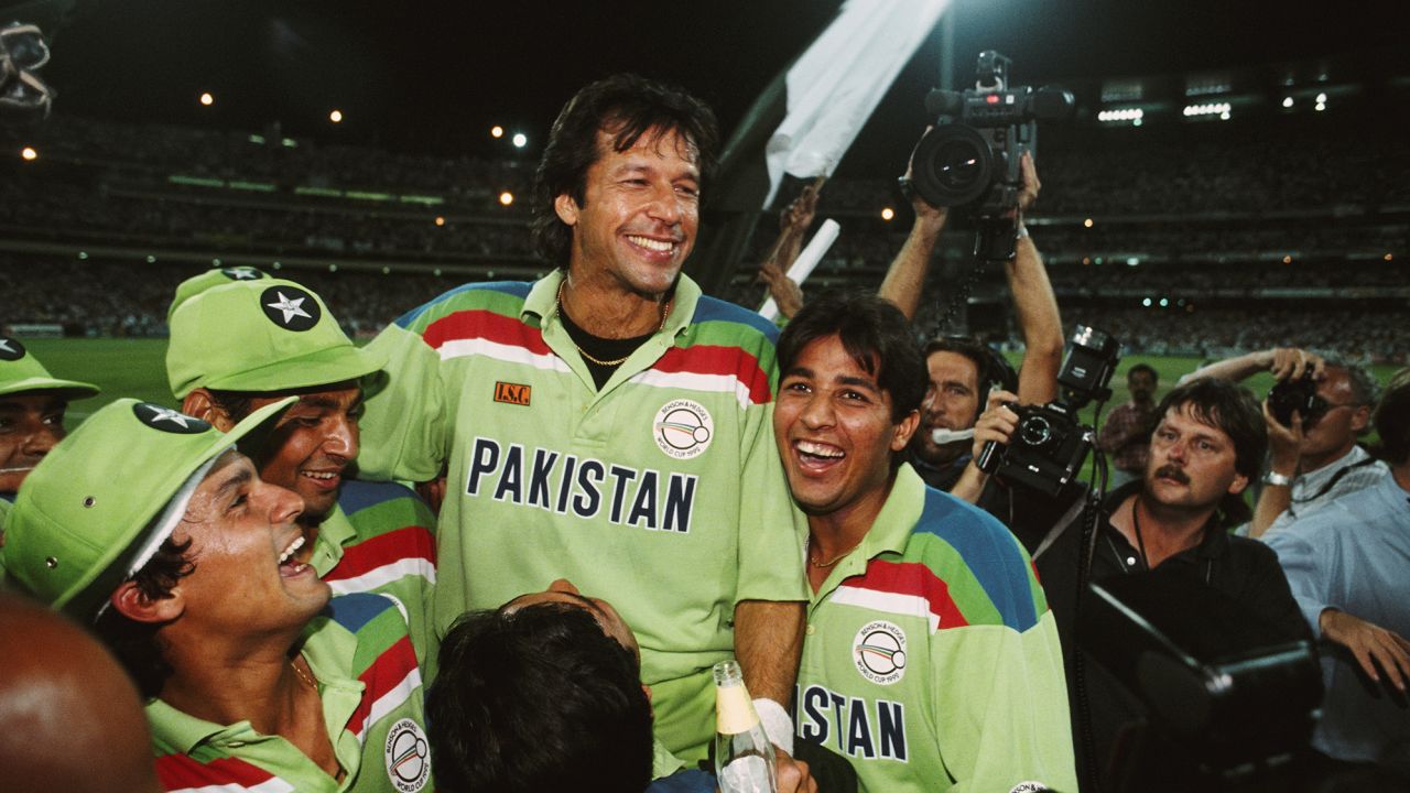 Imran Khan celebrates after winning the Cricket World Cup on March 25, 1992 in Melbourne, Australia.