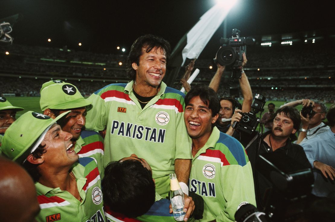 Imran Khan celebrates after winning the Cricket World Cup on March 25, 1992 in Melbourne, Australia. 