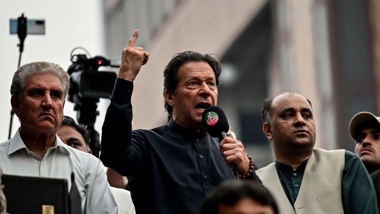 Imran Khan addresses his supporters during an anti-government march in Gujranwala on November 1, 2022.
