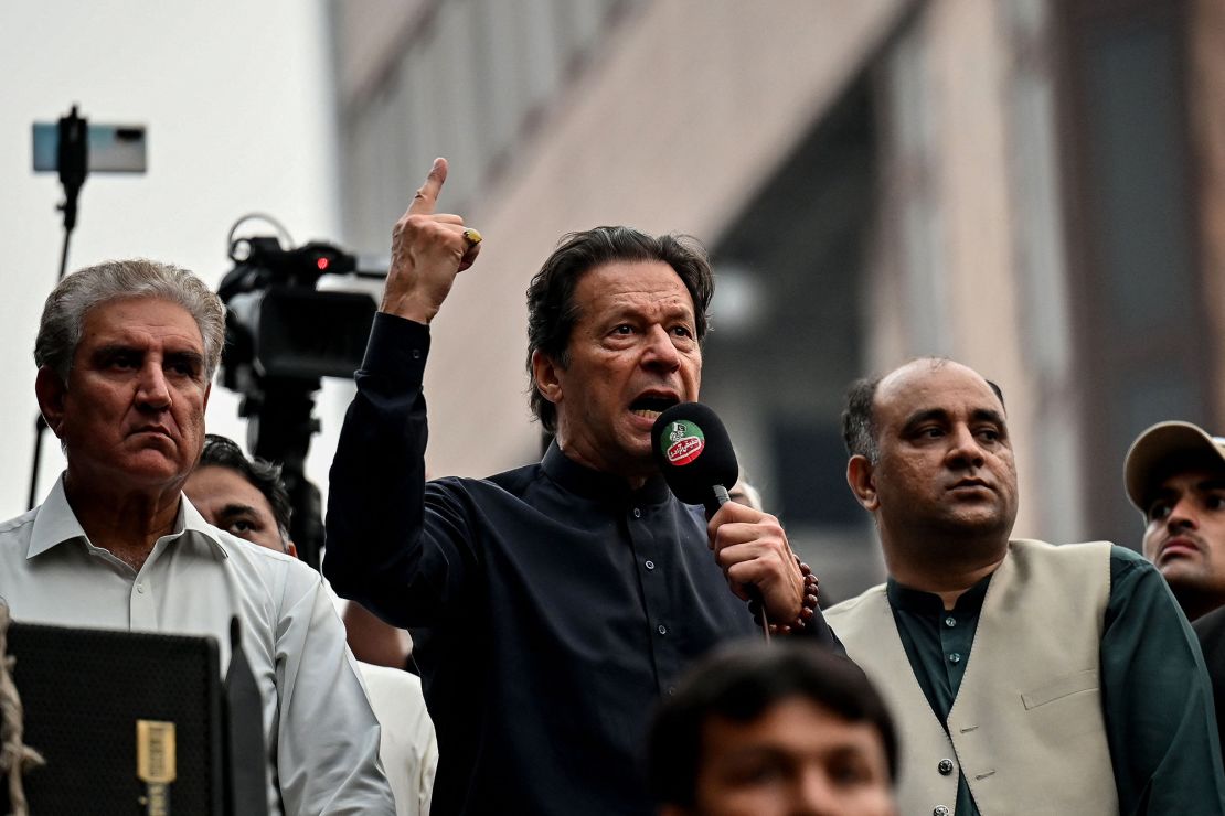 Imran Khan addresses his supporters during an anti-government march in Gujranwala on November 1, 2022.