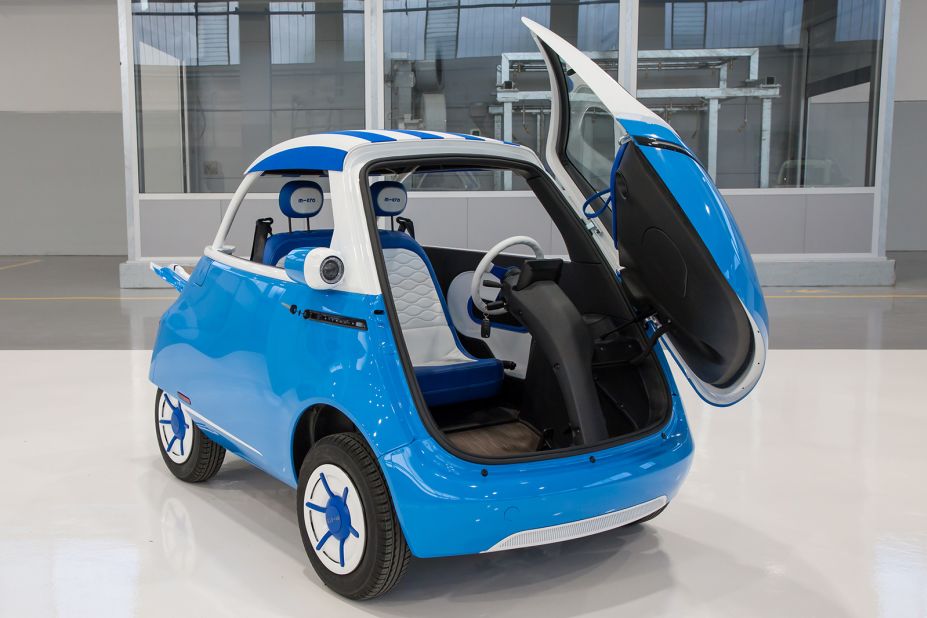 The retro-futuristic electric Microlino takes inspiration from the 1950s BMW Isetta "bubble" car. Carrying two passengers, the space pod-style microcar is accessed through a single, front-opening door.