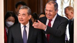 Russian Foreign Minister Sergei Lavrov and China's top diplomat Wang Yi in Moscow during Wang's visit to the Russian capital on February 22, 2023.