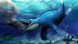 Reconstruction of Hupehsuchus about to engulf a shoal of shrimps.