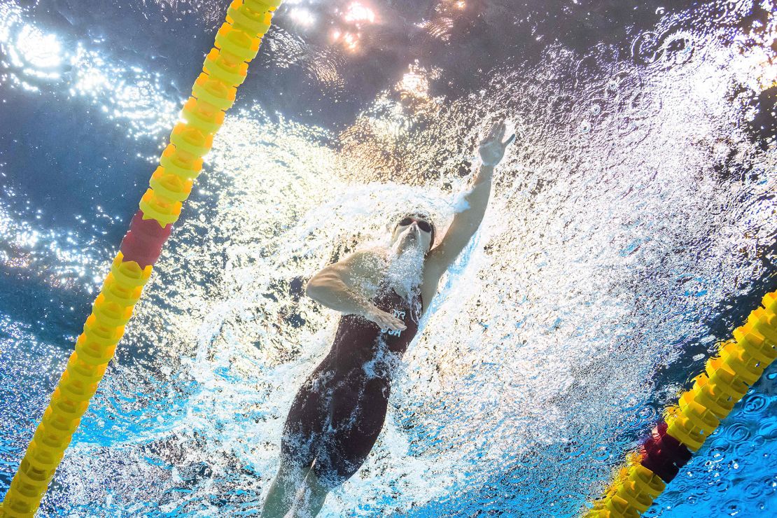 USA's Katie Ledecky competes on the way to win in the final of the women's 800m freestyle swimming event during the World Aquatics Championships in Fukuoka on July 29, 2023. (Photo by MANAN VATSYAYANA / AFP) (Photo by MANAN VATSYAYANA/AFP via Getty Images)