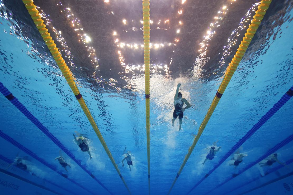 FUKUOKA, JAPAN - JULY 29: (EDITORS NOTE: Image taken using an underwater remote camera.) Katie Ledecky of Team United States leads the field in the Women's 800m Freestyle Final on day seven of the Fukuoka 2023 World Aquatics Championships at Marine Messe Fukuoka Hall A on July 29, 2023 in Fukuoka, Japan. (Photo by Clive Rose/Getty Images)