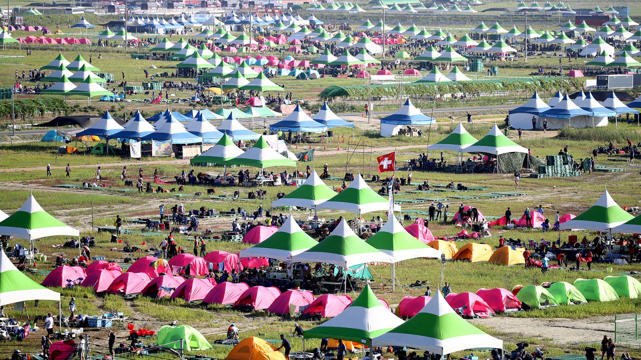 A general view of tents at the World Scout Jamboree as scouts prepare to leave the event on August 08, 2023 in Buan, South Korea. Scouts and volunteers began leaving Saemangeum, the venue of the 25th World Scout Jamboree, days ahead of schedule, due to an approaching typhoon. 