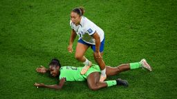 BRISBANE, AUSTRALIA - AUGUST 07: Lauren James of England stamps on Michelle Alozie of Nigeria which later leads to a red card being shown following a Video Assistant Referee review during the FIFA Women's World Cup Australia & New Zealand 2023 Round of 16 match between England and Nigeria at Brisbane Stadium on August 07, 2023 in Brisbane / Meaanjin, Australia. (Photo by Matt Roberts - FIFA/FIFA via Getty Images)