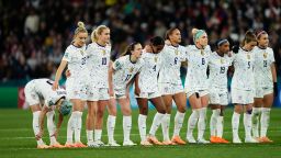 Megan Rapinoe of USA and OL Reign with her teammates after missing the penalty during the Women's World Cup football match between Sweden and USA in Melbourne, Australia on August 6, 2023.