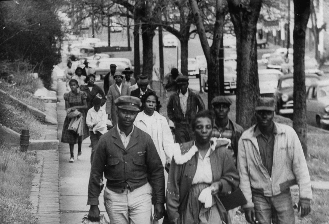 African Americans walk to work instead of riding the bus during the third month of an eventual 381-day bus boycott, Montgomery, Alabama, February 1956.