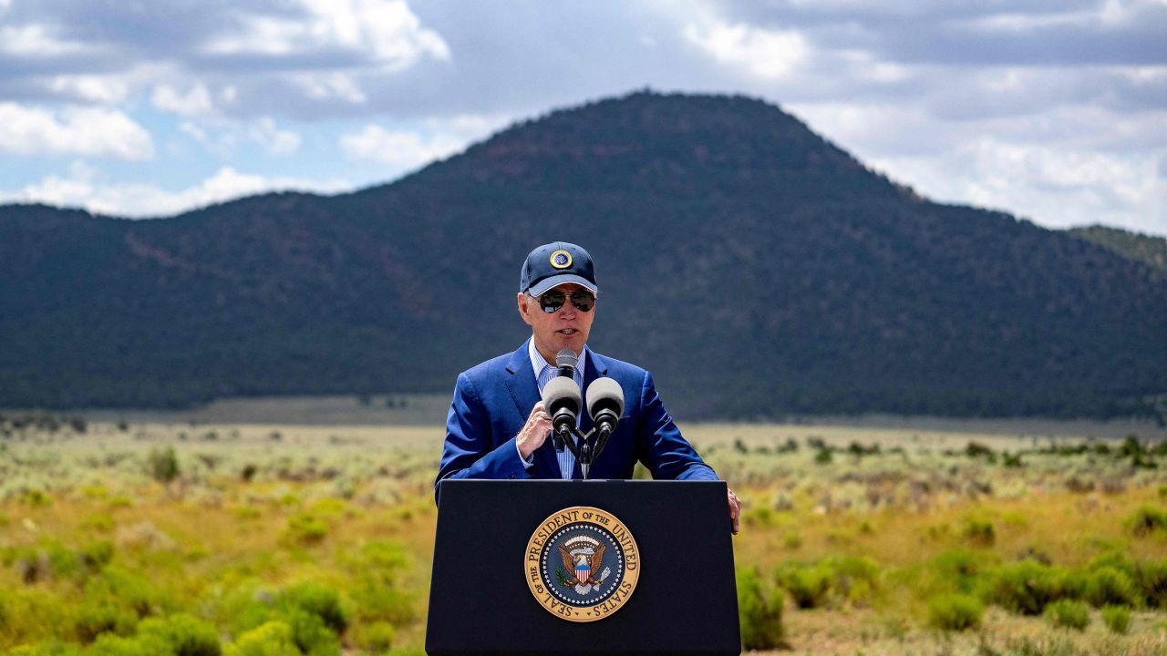 President Joe Biden discusses investments in conservation and protecting natural resources, and how the Inflation Reduction Act is the largest investment in climate action, at Red Butte Airfield, 25 miles (40kms) south of Tusayan, Arizona, on August 8, 2023. 
