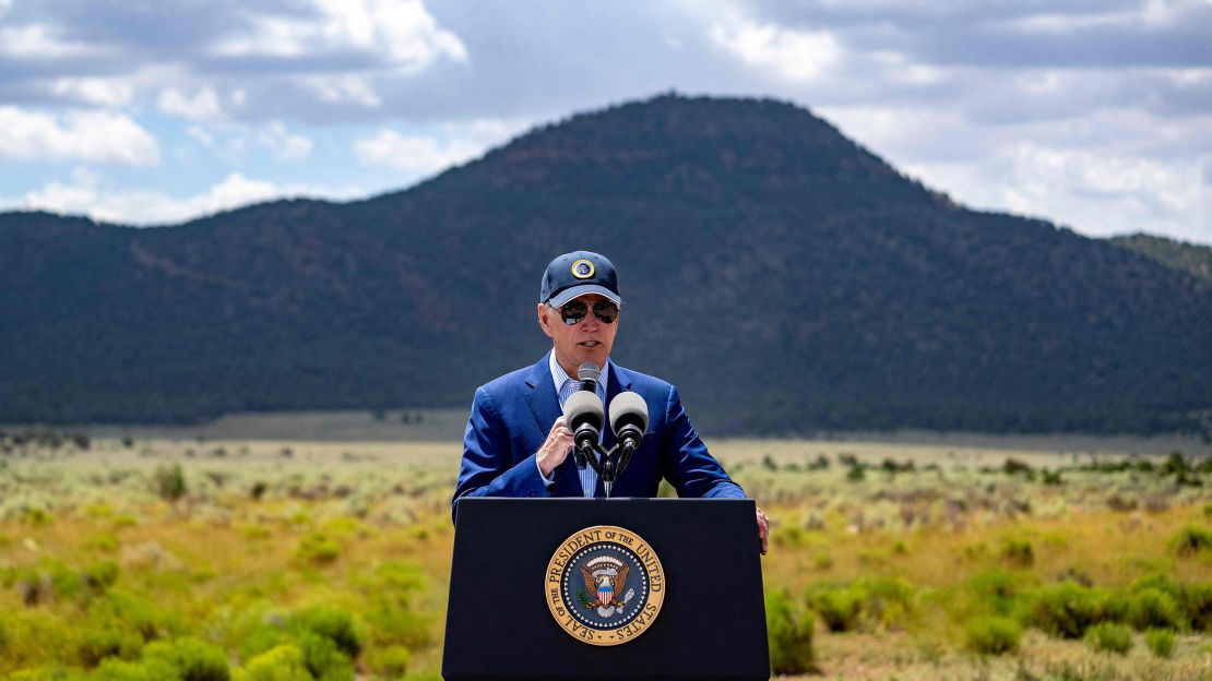 President Joe Biden discusses investments in conservation and protecting natural resources, and how the Inflation Reduction Act is the largest investment in climate action, at Red Butte Airfield, 25 miles (40kms) south of Tusayan, Arizona, on August 8, 2023.