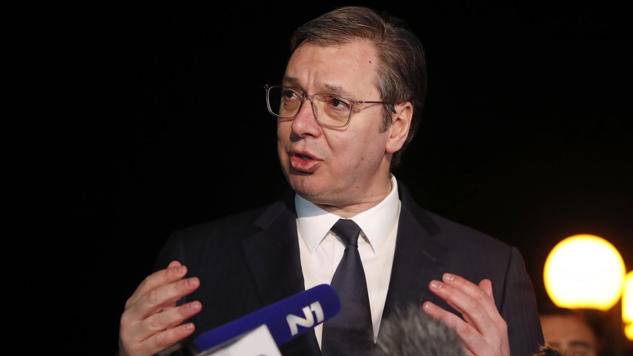 Vucic speaking at Ohrid, North Macedonia, March 18, 2023.