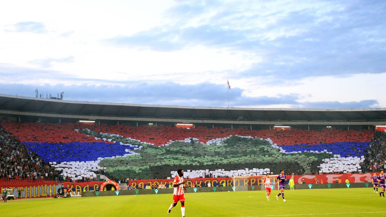 Red Star fans display a tifo with the Serbian flag, a tank T-84 and an inflammatory message, July 26, 2023.