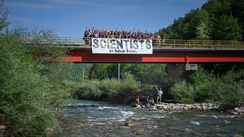 Scientists, concerned about the effects of the proposed hydropower plants, gathered on the banks of the Neretva in June as part of the Save the Blue Heart of Europe campaign. 