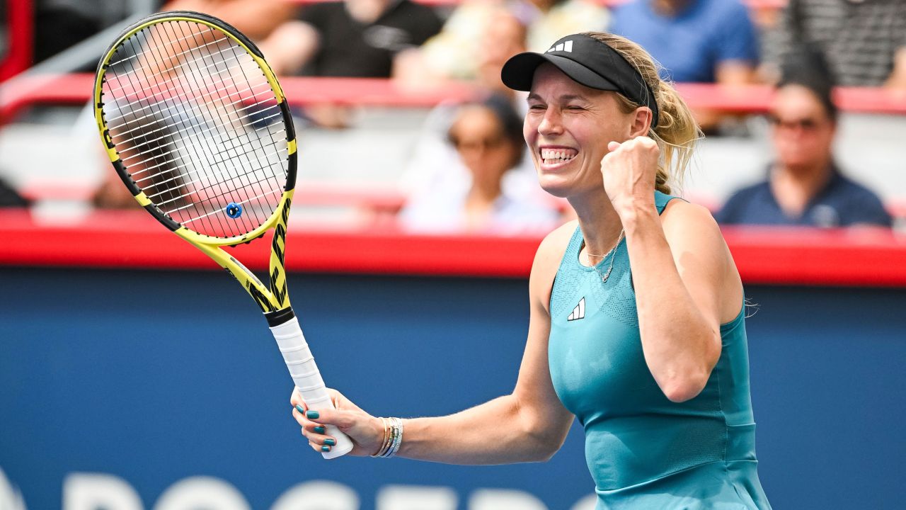MONTREAL, QC - AUGUST 08: Caroline Wozniacki (DEN) reacts after her win after her first round match at WTA National Bank Open on August 08, 2023 at IGA Stadium in Montreal, QC (Photo by David Kirouac/Icon Sportswire) (Icon Sportswire via AP Images)