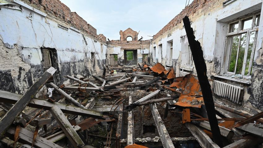This photograph taken on June 28, 2023, shows a school destroyed by aircrafts in the village of Kupyans'k Vuzlovyy, Kharkiv region, amid the Russian invasion of Ukraine. (Photo by SERGEY BOBOK / AFP) (Photo by SERGEY BOBOK/AFP via Getty Images)