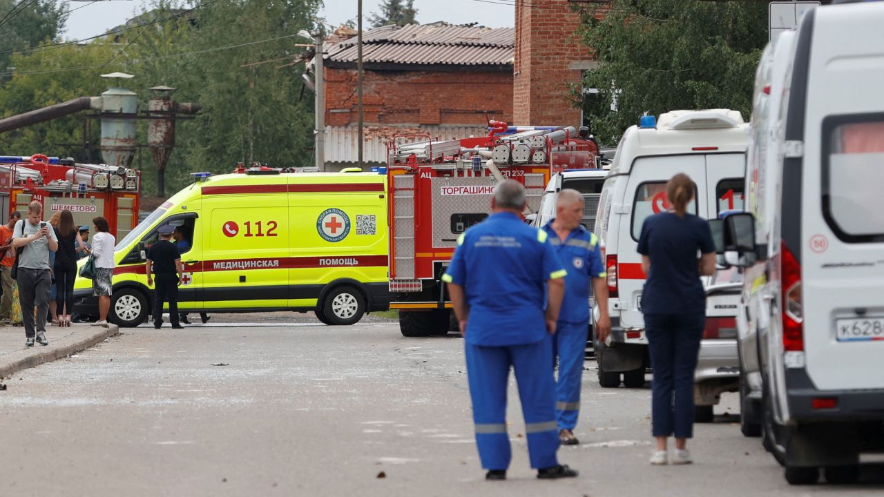 Ambulances are seen near the factory where the blast occurred on Wednesday. 