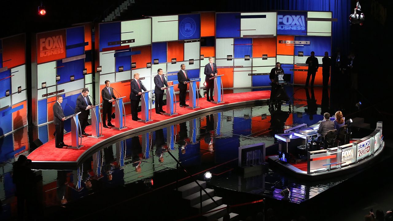 Republican presidential candidates participate in the Fox Business Network Republican presidential debate at the North Charleston Coliseum and Performing Arts Center on January 14, 2016.