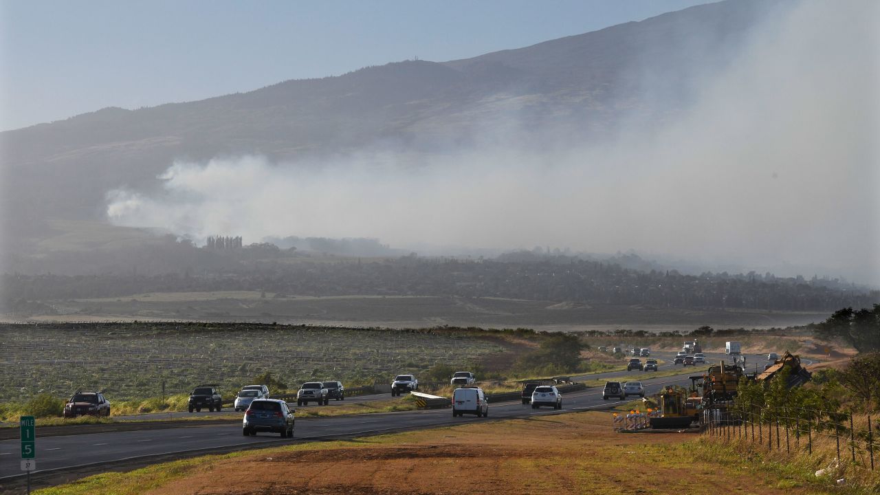 Smoke blows across the slope of Haleakala volcano on Maui, Hawaii, on Tuesday.