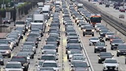 Vehicles head east on a Los Angeles freeway during the evening rush hour commute on April 12, 2023 in Los Angeles, California. 