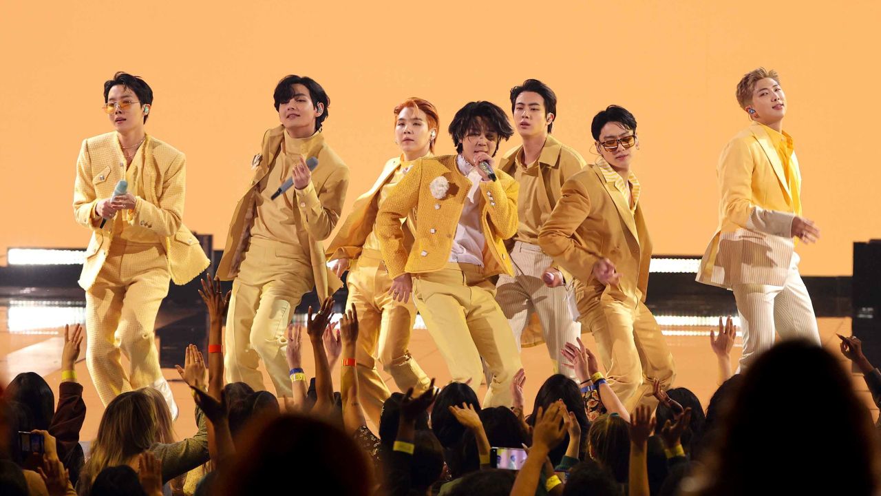 The K-pop boy band BTS perform at the 2021 American Music Awards in Los Angeles.