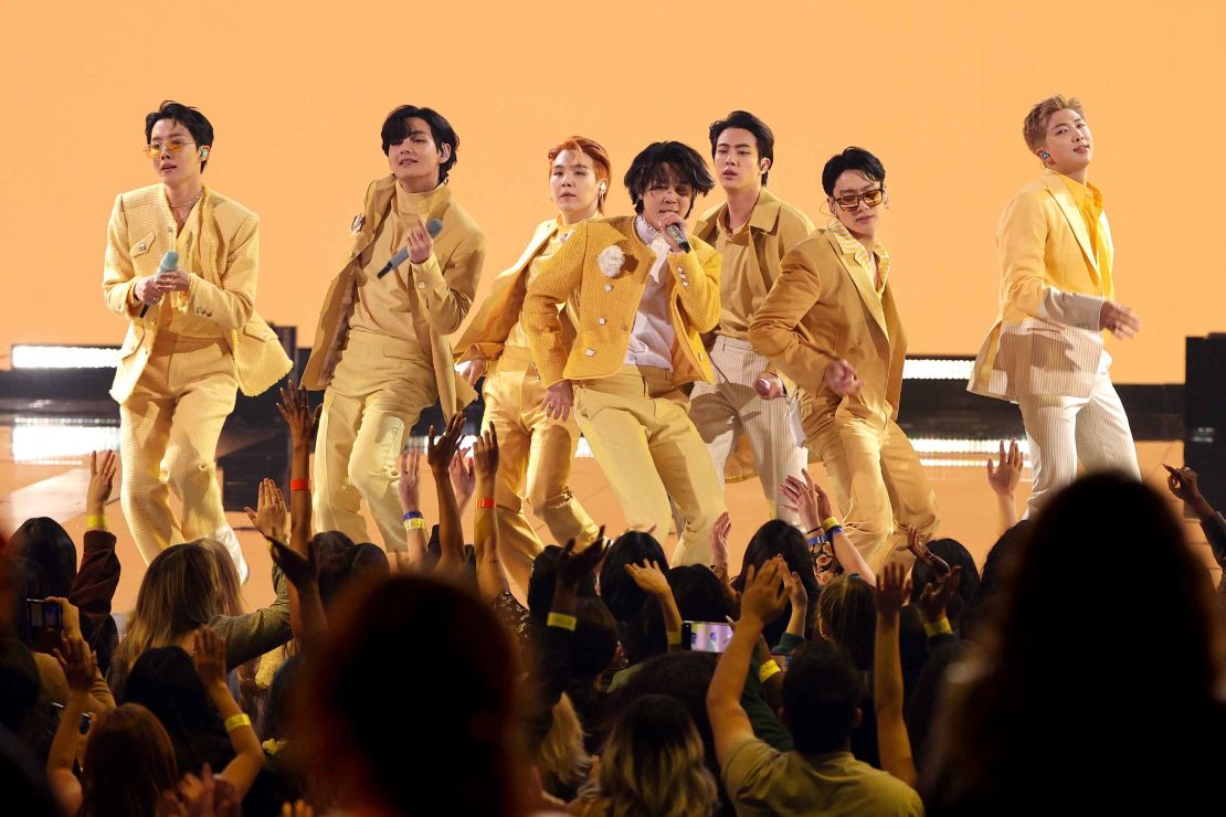 The K-pop boy band BTS perform at the 2021 American Music Awards in Los Angeles.