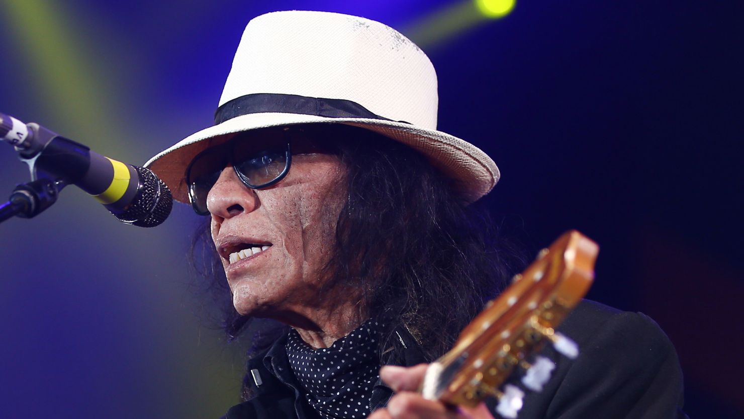 American songwriter Sixto Rodriguez performs on January 31, 2016 at the ICC Durban Arena in Durban, South Africa.