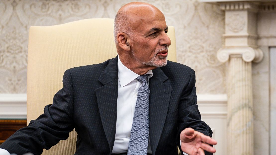 Afghanistan President Ashraf Ghani makes brief remarks during a meeting with U.S. President Joe Biden and Dr. Abdullah Abdullah, Chairman of the High Council for National Reconciliation, in the Oval Office at the White House June 25, 2021 in Washington, DC.