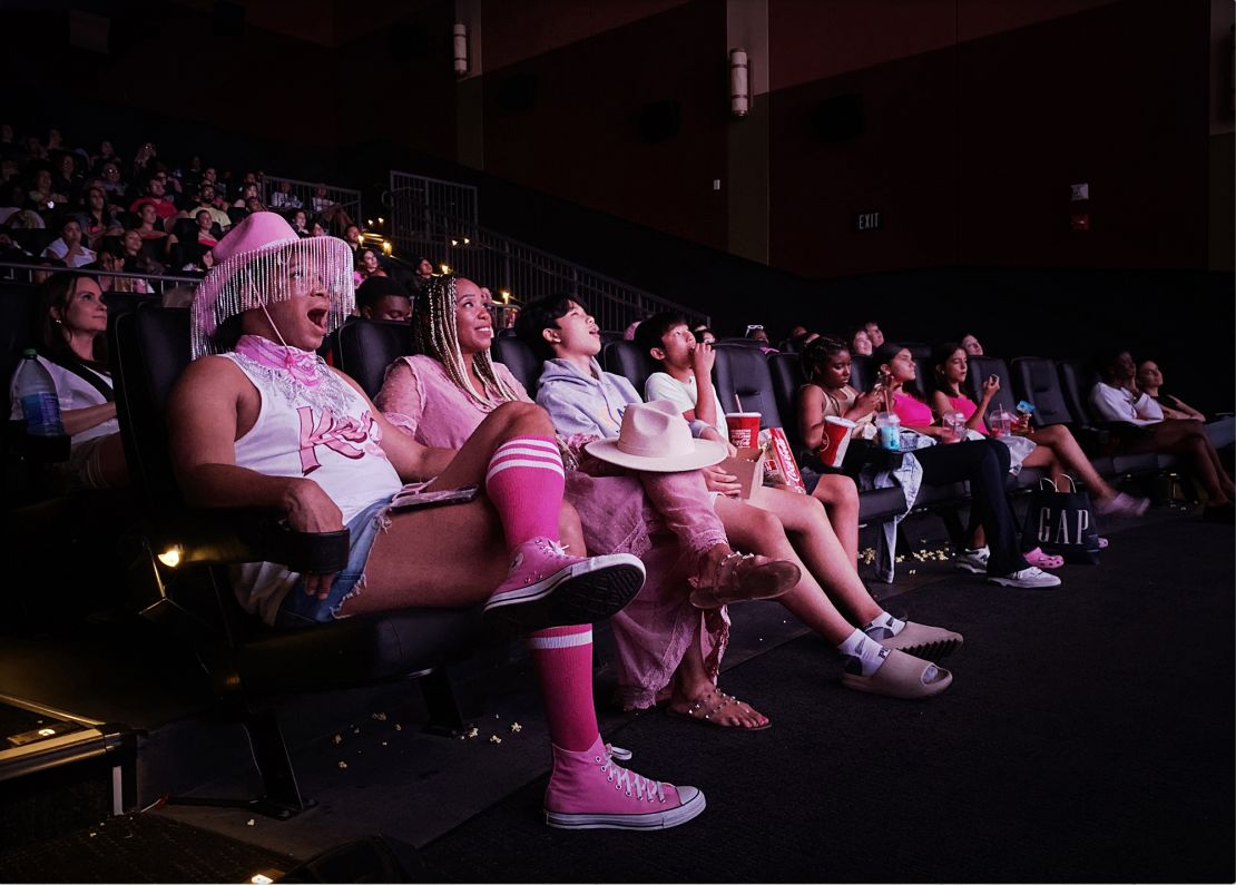 Barbie fans and moviegoers react as they watch the 'Barbie' film at the AMC The Grove movie theatre on opening weekend on July 23 in Los Angeles, California.
